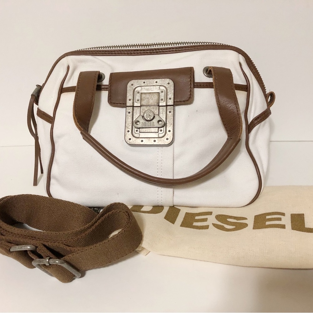 Authentic Diesel White Canvas Leather Distress Hardware Handbag Shoulder Bag